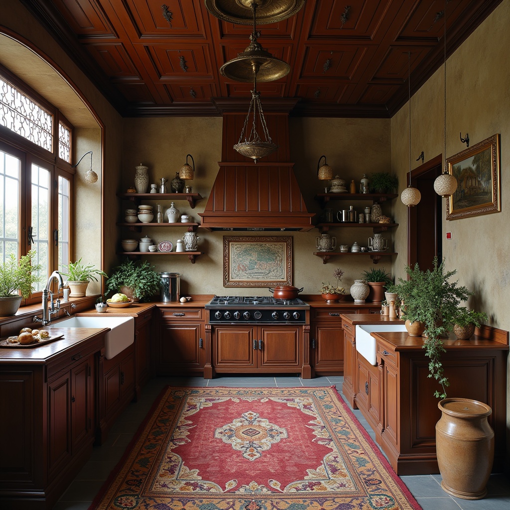 This image showcases an Indonesian kitchen designed in a Victorian style. It features rich wooden cabinets and elegant moldings that highlight the traditional design elements. The kitchen is illuminated by natural light streaming through large windows. A beautiful patterned rug adds warmth to the space, complementing the warm color palette. Shelves lined with decorative pottery and plants bring a touch of nature indoors. The central stove is a focal point, surrounded by functional yet stylish cabinetry.