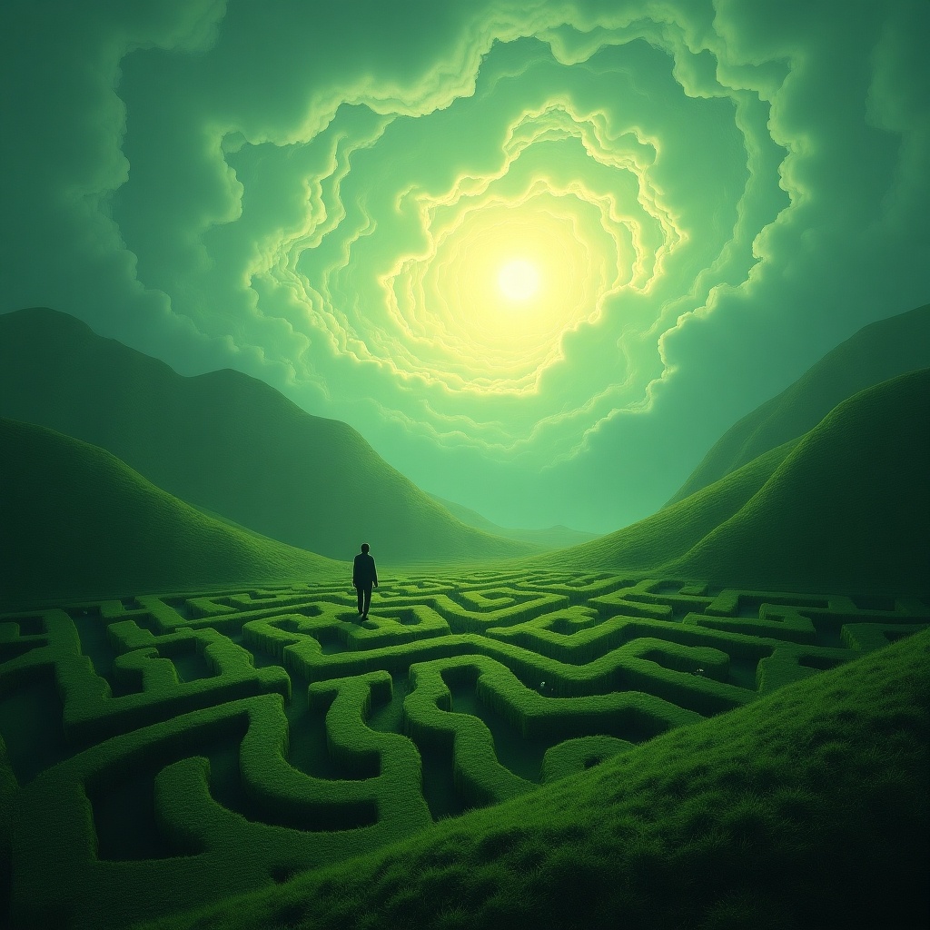 A solitary figure stands at the center of a labyrinth made of lush green grass. The landscape is under a swirling, luminous sky that radiates a soft yellow light. The hills surrounding the maze are gently sloping, covered in vibrant green. The whole setting evokes a sense of mystery and introspection. The atmosphere suggests a journey of self-discovery and personal growth.