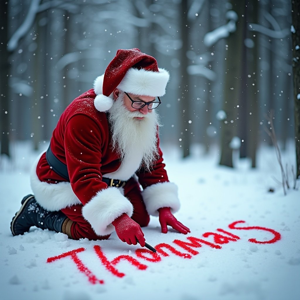 Santa kneels in a snowy forest. He writes in the snow using a red marker. Snowflakes gently fall. Scene captures the essence of Christmas. Long white beard and glasses provide classic appeal.