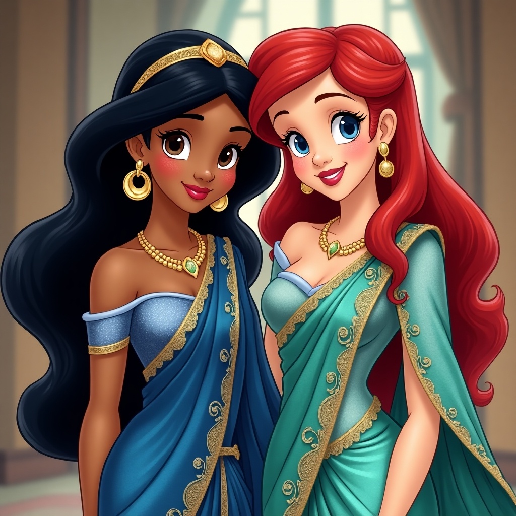 Princess Jasmine and Princess Ariel depicted in sarees. Full body image focusing on their outfits and accessories. Elegant pose emphasizing cultural attire.