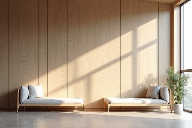 Photo shows a wide tall wooden wall in a reception area. Two benches with cushions are in front of the wall. Natural light illuminates the space. A plant is beside the benches.