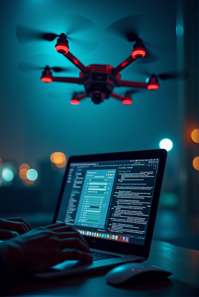 A drone hovers indoors with glowing red lights, as a person operates a laptop displaying coding programs on the screen, surrounded by a moody, blurred background with bokeh lights.