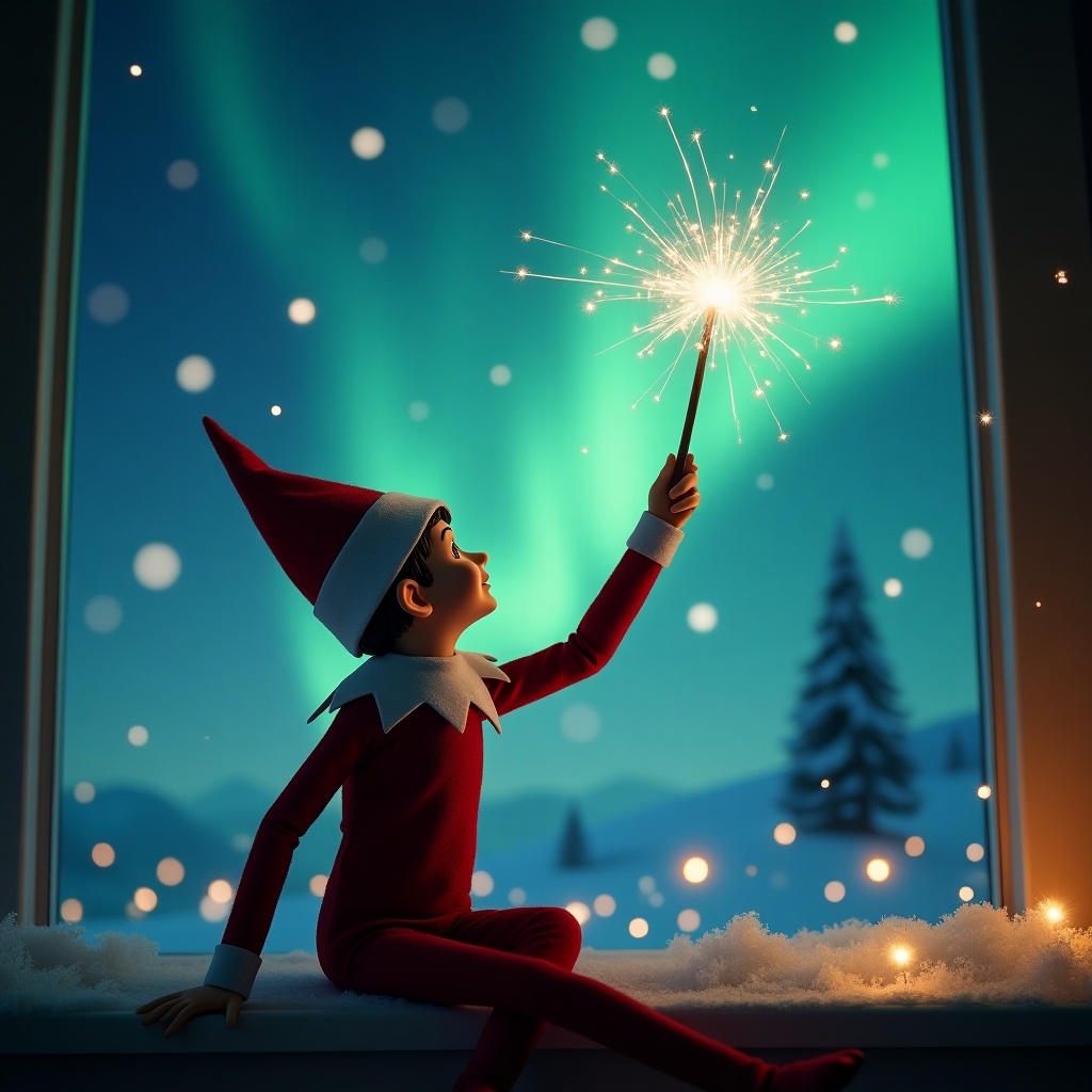 The image depicts a whimsical elf on the shelf, sitting on a window sill during a magical Christmas night. The elf is turned away from the viewer, gazing up at the sky, using a wand to create sparkling letters in the air. The background is filled with colorful northern lights illuminating the snowy landscape. The scene is cozy and festive, with soft snowfall outside and glowing lights inside the room, evoking a sense of magical holiday wonder. The elf wears a traditional red outfit with a pointed hat, complementing the enchanting atmosphere of the season.