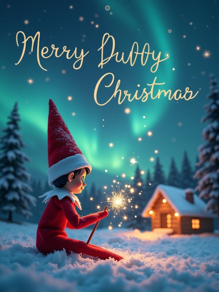 Elf on the shelf sitting with back to viewer. Elf gazes up holding glowing wand. Charming Christmas scene with northern lights. Cozy house in distance. Snow on ground. Elf represents magic of Christmas. 'Merry Christmas Milan, Rodrigo, Angellee and Delilah' appears from wand.