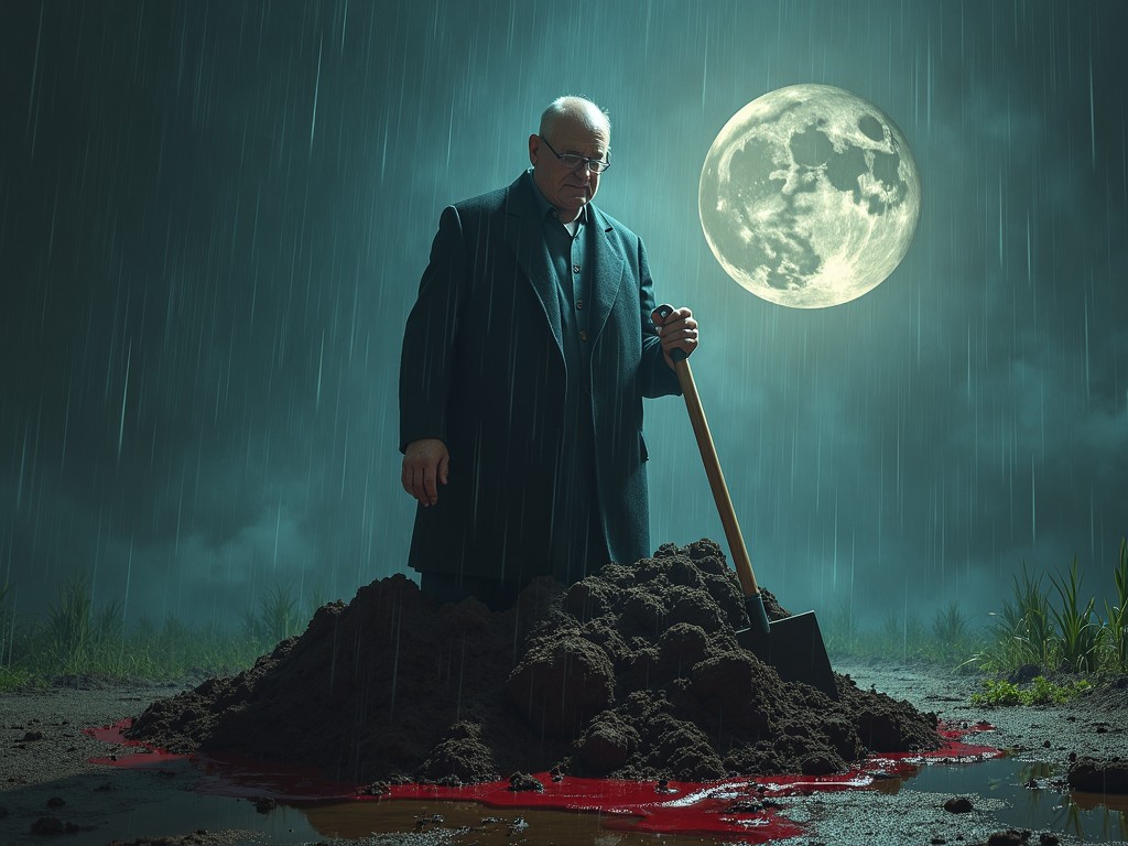 This dark and atmospheric image depicts an elderly man in a trench coat, standing solemnly at a mound of freshly dug earth with a shovel. The scene is set under a full moon, which illuminates the night sky along with falling rain. The ground around the mound is saturated, reflecting a reddish hue that adds a chilling aspect to the composition.