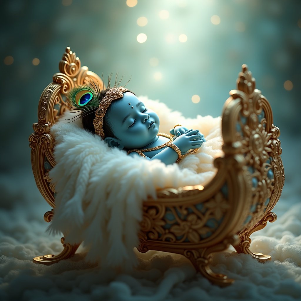 Serene depiction of a baby resting in an ornate cradle. Baby has a radiant blue complexion, traditional adornments, and a peacock feather crown. The cradle is elaborately decorated, suggesting reverence and spirituality. Soft light spreads throughout the scene, casting a tranquil ambiance.