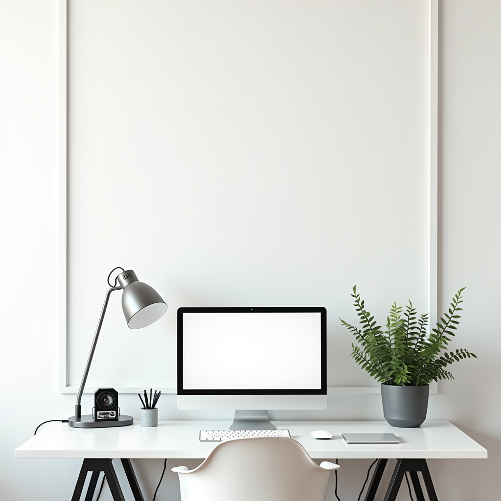 A minimalist workspace features a computer on a white desk, with a lamp, a camera, stationery holder, and a potted plant beneath an empty frame on a plain wall.