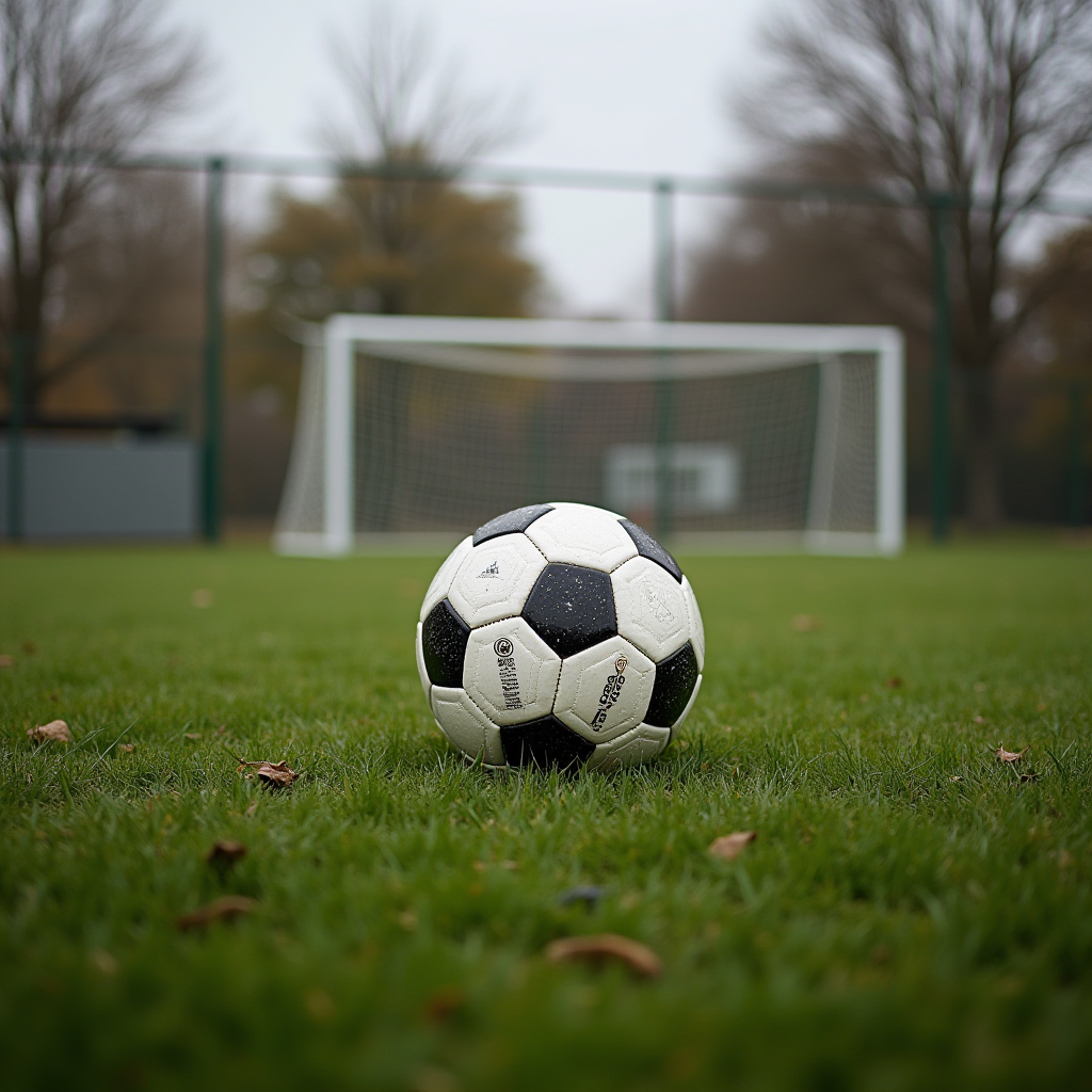 A lonely soccer ball rests on a grassy field in front of a goal post.