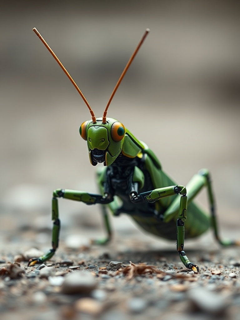 This intriguing image features a detailed depiction of a robot designed to resemble a grasshopper, positioned on a gravel surface. The grasshopper has a vibrant green coloration, with mechanical joints and antennae that suggest high-tech capabilities. The background is blurred to emphasize the focus on the robotic grasshopper, creating a sense of curiosity and wonder.