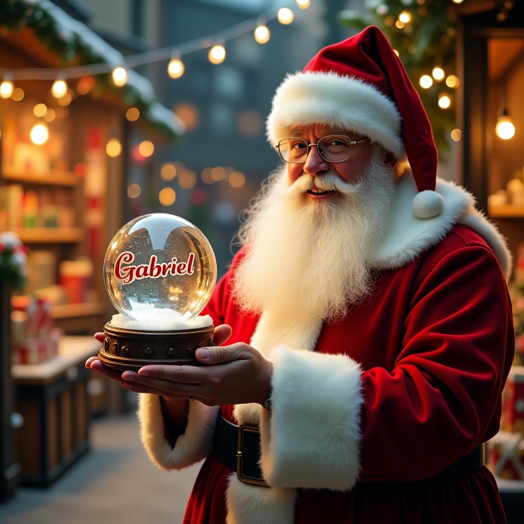 Christmas scene with Santa Claus in red and white suit. Santa holds a snow globe. Snow globe has the name 'Gabriel'. Background includes toy shop with festive ornaments and glowing lights.