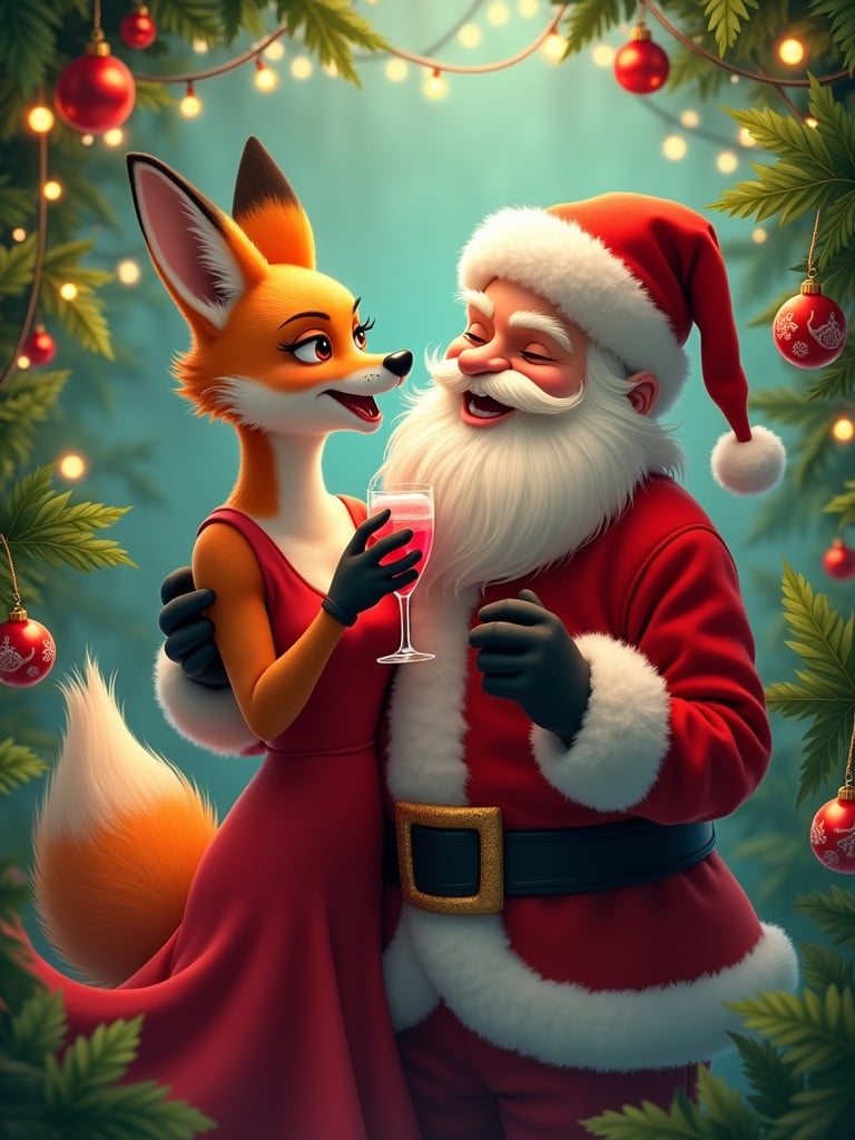 Feminine fox in a red dress with a cocktail is dancing with Santa Claus. Festive decorations surround them in a jungle setting. Warm energy and holiday spirit present.