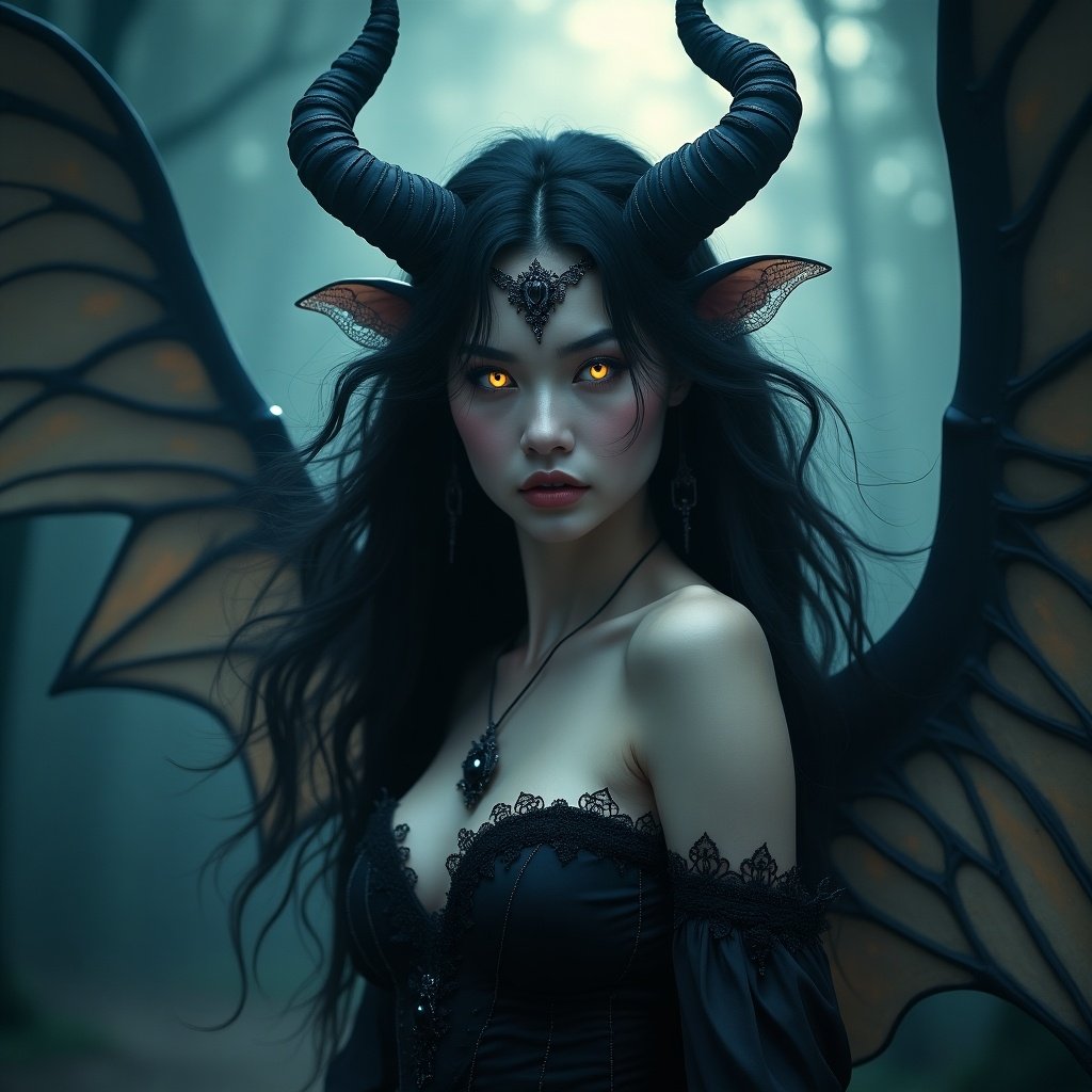 Portrait of a succubus character with detailed wings and glowing eyes. Dark gothic attire with a mysterious forest background.