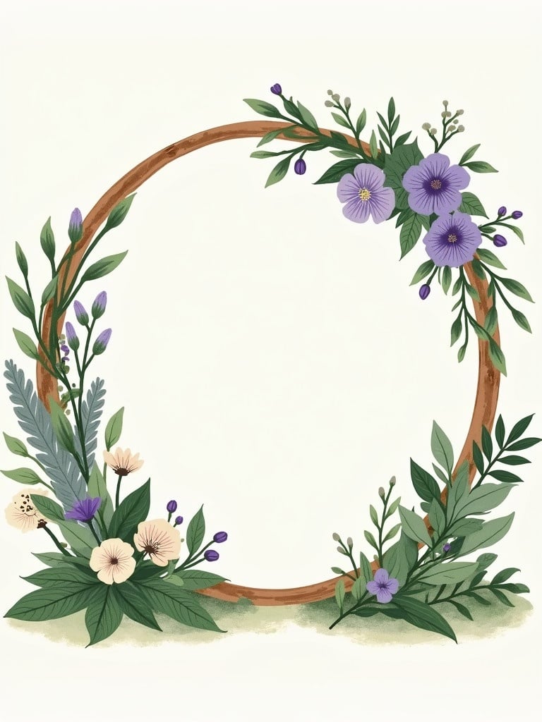 Detailed illustration of a wooden circle adorned with flowers and greenery. The design is minimal and elegant. The flowers include purple and white blooms. Lush green leaves surround the frame. Creates a romantic atmosphere suitable for weddings. Perfect for a wedding backdrop or decoration.