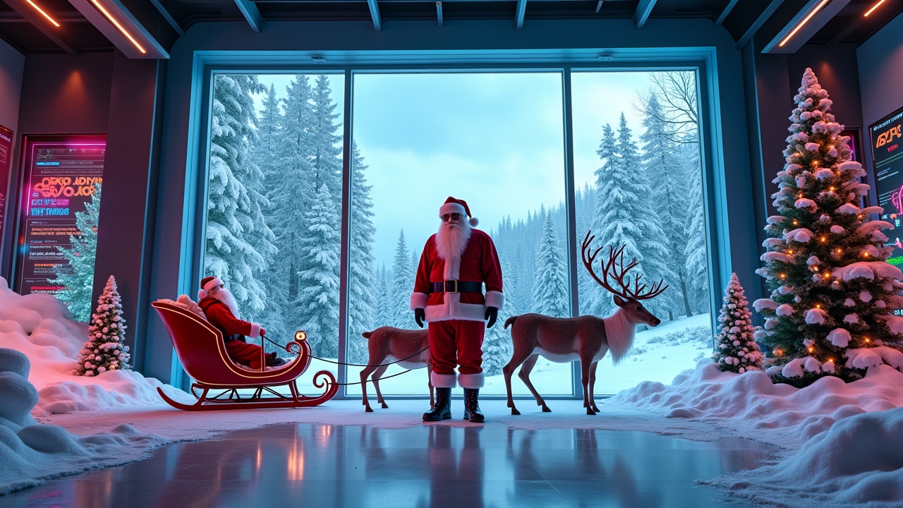 Cinematic image showcases Santa Claus in a high-tech room. Holographic designs add a modern touch. Openings reveal snowy woods and sky. Sleigh with reindeer parked. Wide shot with Santa surrounded by glowing models and festive messages.