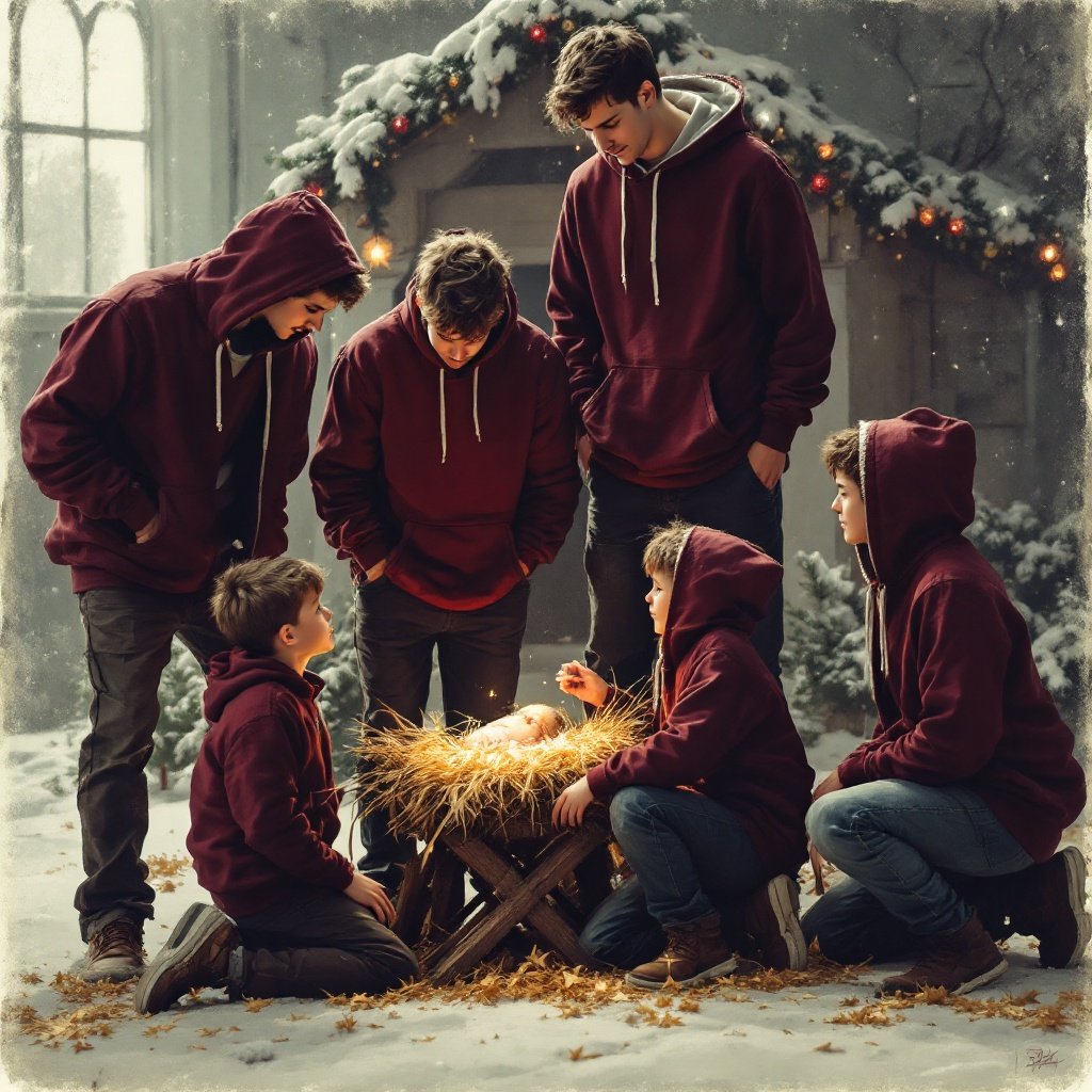 Group of boys in maroon hoodies gather around a Christmas manger scene in snow. Boys express curiosity and wonder while kneeling and standing around the manger.