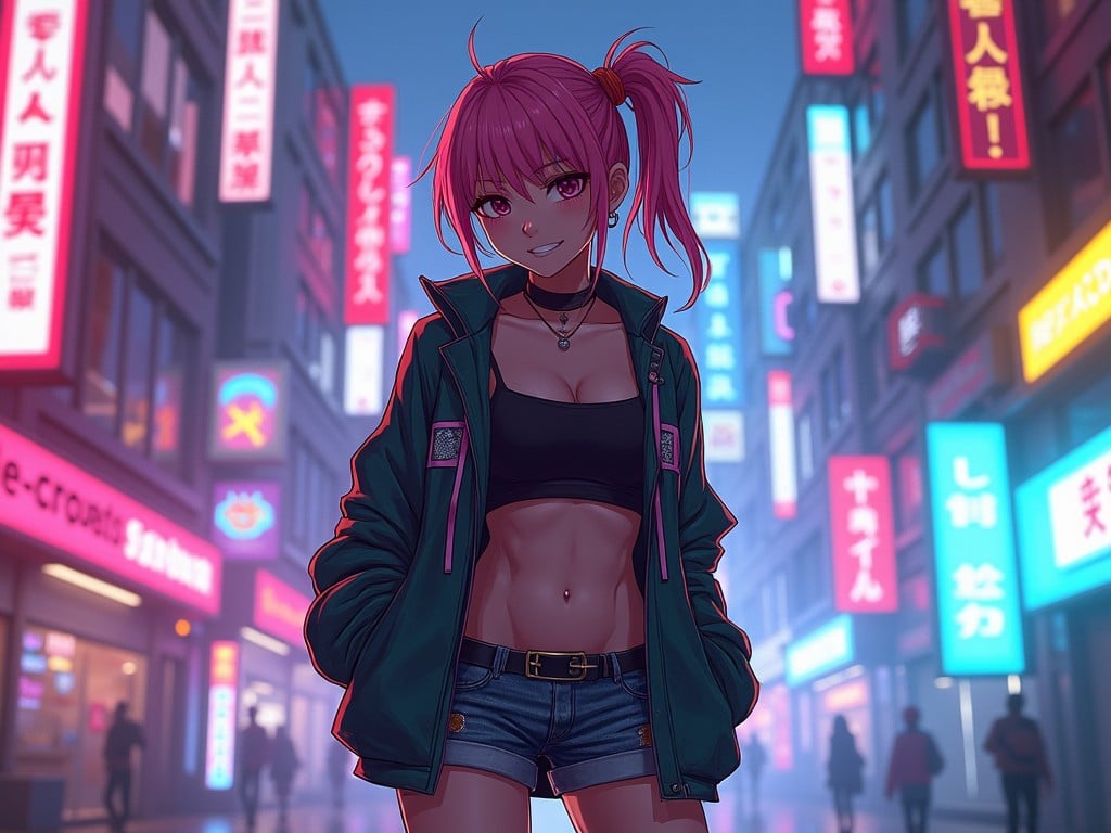 The image features a character inspired by Futaba Sakura from Persona 5, set in a vibrant cyberpunk environment. She stands confidently, with bright pink hair and an oversized jacket paired with short shorts. The backdrop showcases glowing neon signs and a busy urban street, enhancing the cyberpunk theme. Her style is edgy, with a cropped top and streetwear elements. The atmosphere is lively, filled with futuristic details and vivid colors, creating an engaging visual appeal.