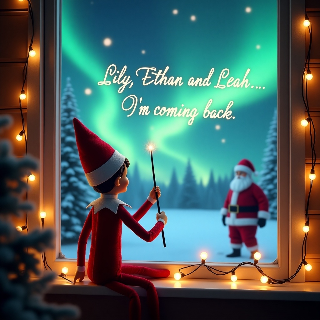 An elf on the shelf sits by a window. The elf faces away using a wand to write a message in the sky. Outside the window is a magical winter landscape with northern lights and Santa. The scene is cozy and festive, enhanced by Christmas lights.