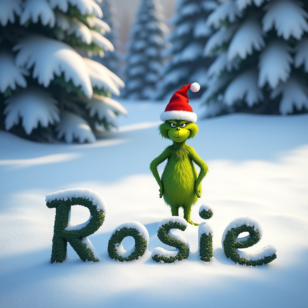 Grinch character in a snowy setting. The Grinch wears a Santa hat. The name 'Rosie' is written in the snow. Snow-covered trees and bright winter scenery are in the background.