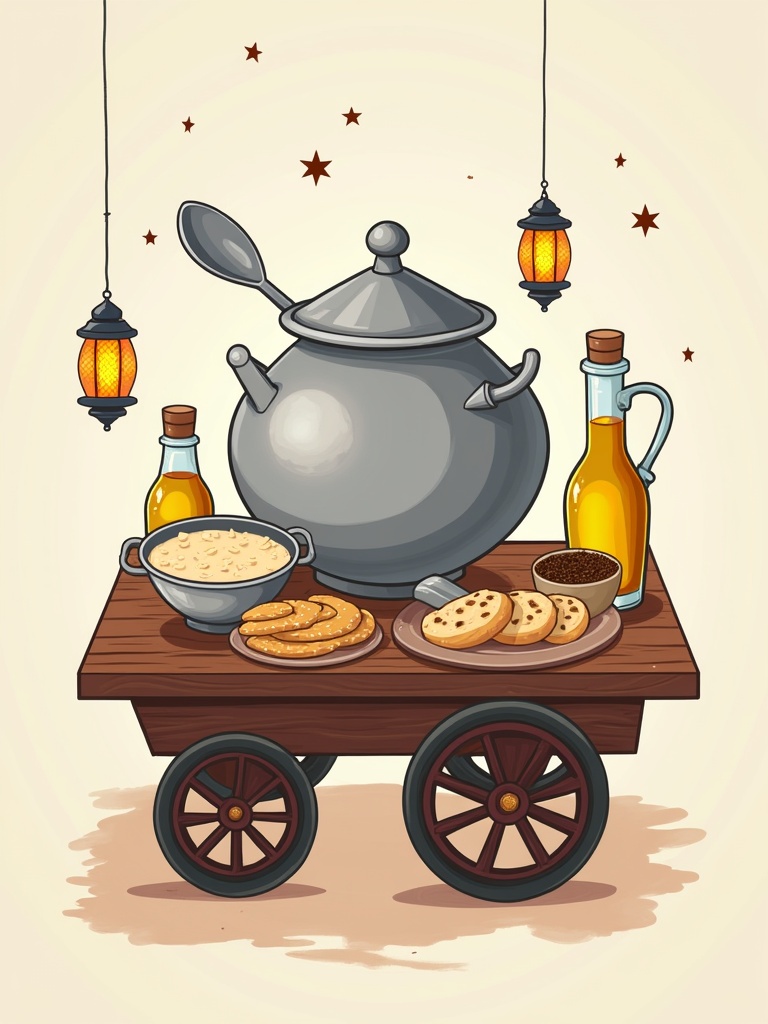 Illustration depicts a wooden cart with a silver fava bean jar and spoon. Includes small stacked bowls, bottles of tahini and olive oil. Contains a cumin container and spread breads. Decorated with Ramadan lanterns and scattered stars.