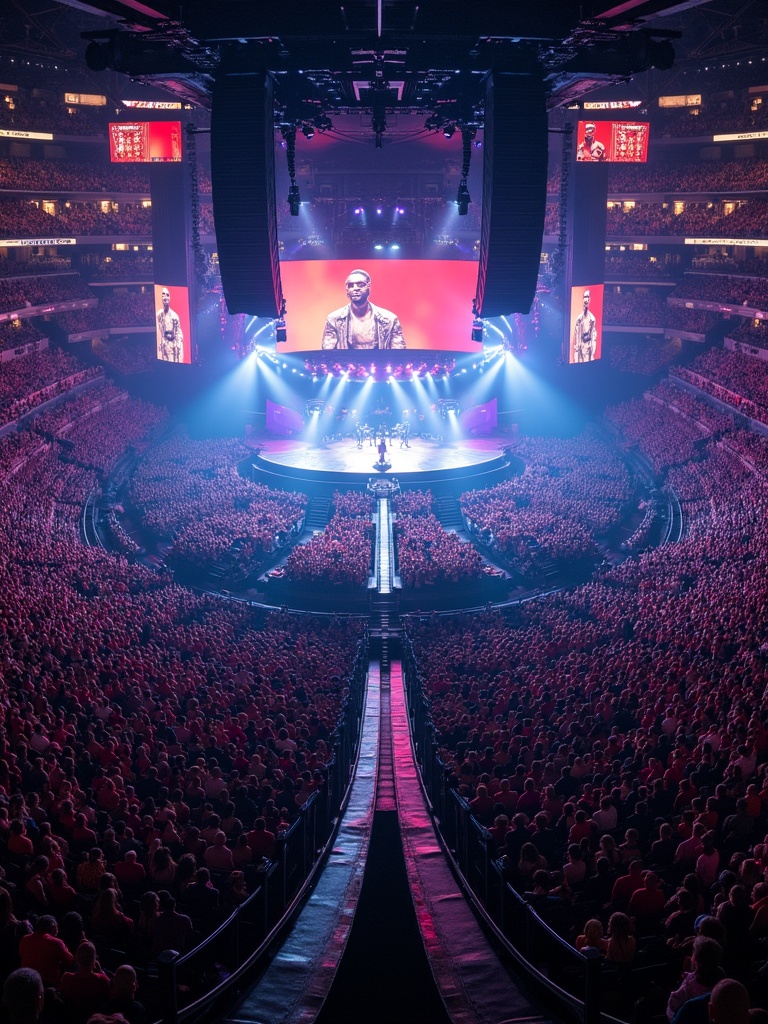 Travis Scott performs at Madison Square Garden. Concert features a 360-degree stage. A T stage catwalk is visible. Image taken from a drone perspective. Large audience fills the arena.