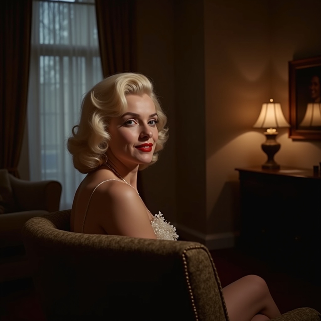 Subject sits in a dimly lit room with warm lighting. Long hair complements elegant style. Furniture adds to the vintage atmosphere.