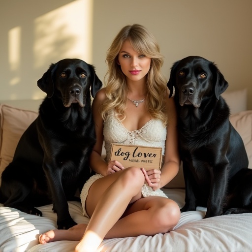 A woman sits on a bed with two large black dogs. She holds a sign that says 'dog lover'. She is wearing a white mini skirt and high heels with a bikini top.