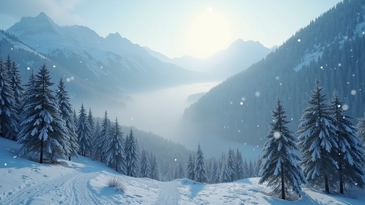 A stunning winter scene showcasing the beauty of fresh snowfall. The image captures a bird's-eye view of snow-covered mountains, with gentle snowflakes falling through the air. The landscape is bathed in soft light, creating a serene and peaceful atmosphere. The trees are heavy with snow, and the valley below is draped in a light mist, enhancing the magical feel of the scene. This picturesque setting is perfect for evoking a sense of tranquility and the beauty of nature in winter.