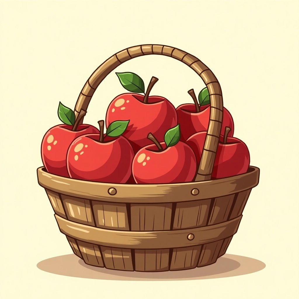 Illustration of a basket filled with cartoon-style red apples with green leaves. The basket has a wooden texture and a curved handle. Light background highlights the basket and apples.