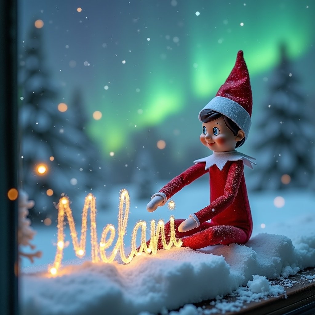 An elf on the shelf writes the word Melani in the snow. The elf wears a red outfit with white trim. The background features northern lights and a snowy landscape, creating a peaceful winter scene that embodies holiday charm.