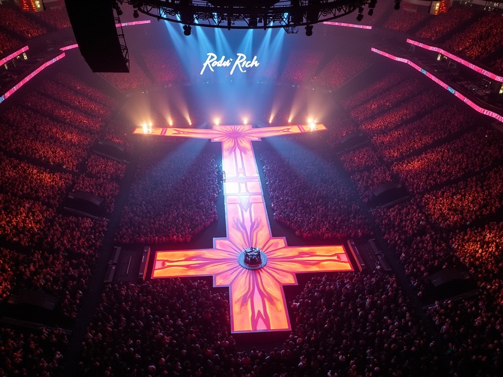 The image captures a captivating view of a Roddy Rich concert at Madison Square Garden. From a high-angle perspective, it showcases a striking T-shaped stage that dominates the arena floor, elaborately designed with vivid colors and patterns. The lighting sets a dramatic atmosphere, enhancing the visual appeal of the performance. The crowd is densely packed, creating a sense of excitement and energy. This scene reflects the thrill of live music events and the dynamic atmosphere that accompanies such performances. It's a perfect representation of modern concert aesthetics and audience engagement.