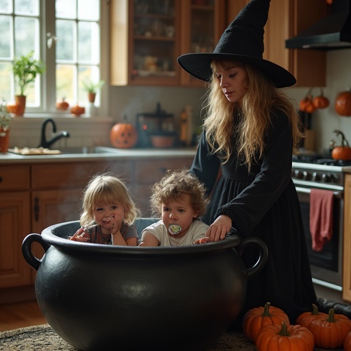 Two children in a cauldron wearing pacifiers and handcuffs. A mother dressed as a witch pretends to cook in a kitchen filled with pumpkins.