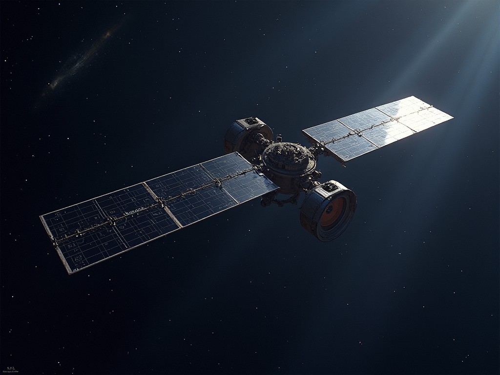 A highly detailed and realistic depiction of a satellite orbiting Earth, with solar panels extended, floating in space with the distant stars and galaxies as a backdrop.