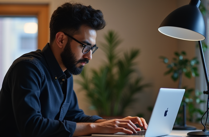 A person with glasses sits at a desk, working intently on a laptop beside a modern desk lamp, surrounded by indoor plants.