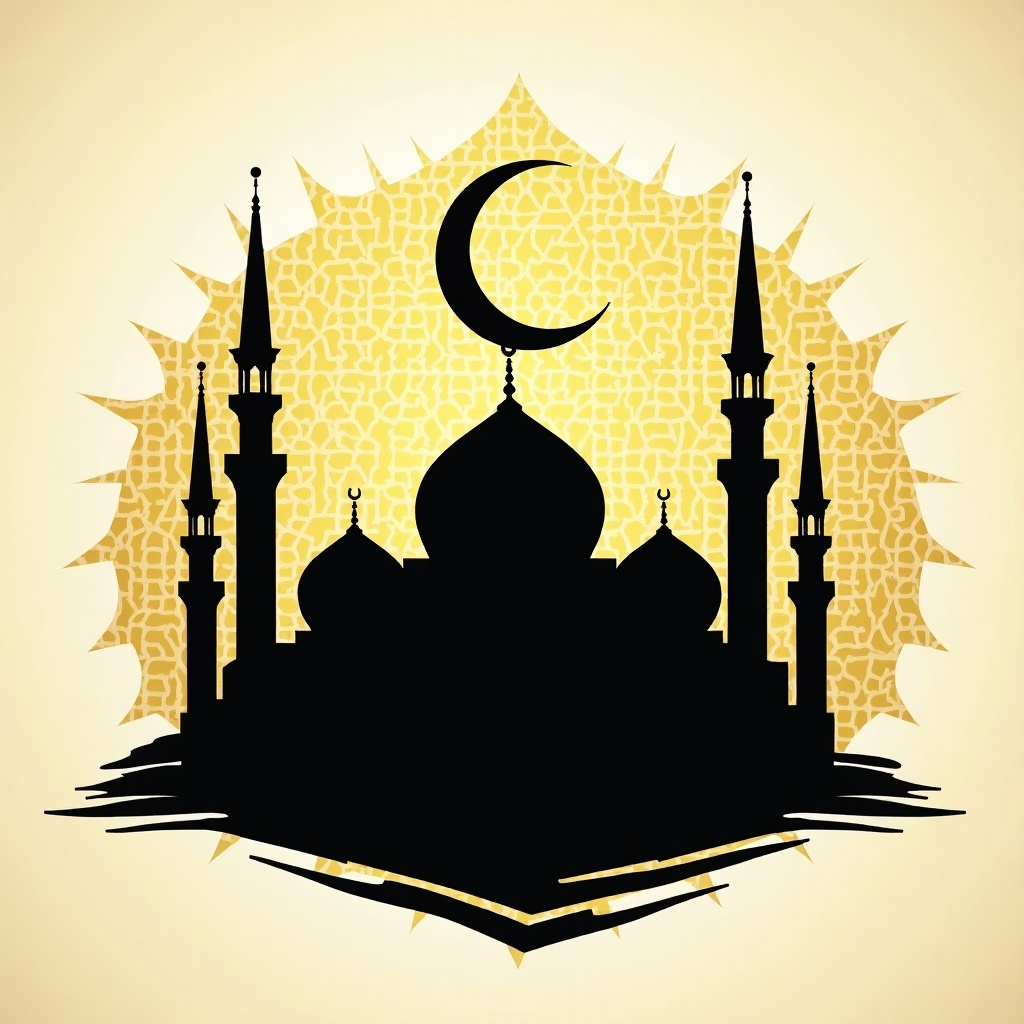 Artwork features a silhouette of a mosque with minarets and a crescent moon. The background is a subtle golden pattern. Black and gold colors create a luxurious feel. Represents Islamic culture and architecture. Suitable for decor, promotional items, or educational materials.