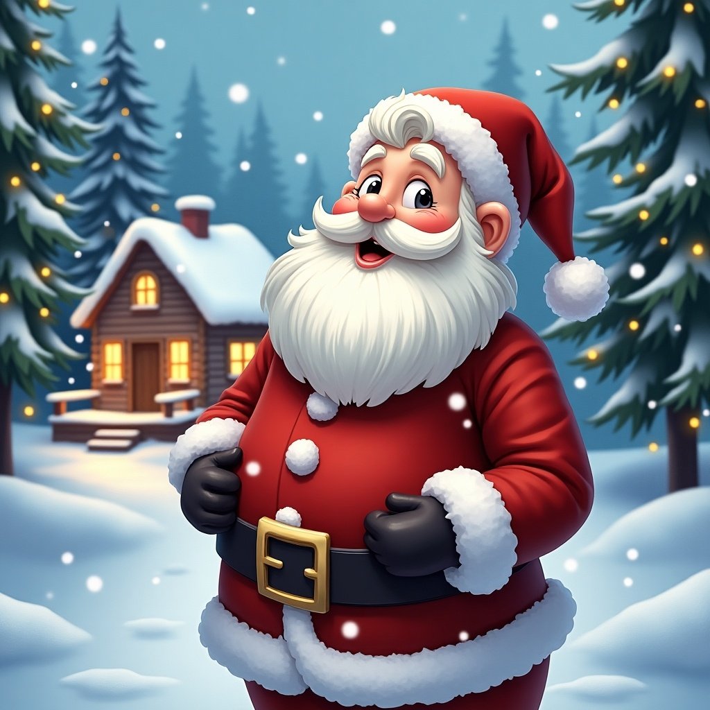 Representation of Santa Claus in a snowy setting. Santa is joyful and singing. A cozy cabin is in the background surrounded by snow-covered trees.