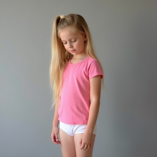 Image features young girl with long blonde hair. She wears pink fitted t-shirt with white underwear. Soft gray background enhances the scene. Lighting is inviting. She stands sideways and looks down.