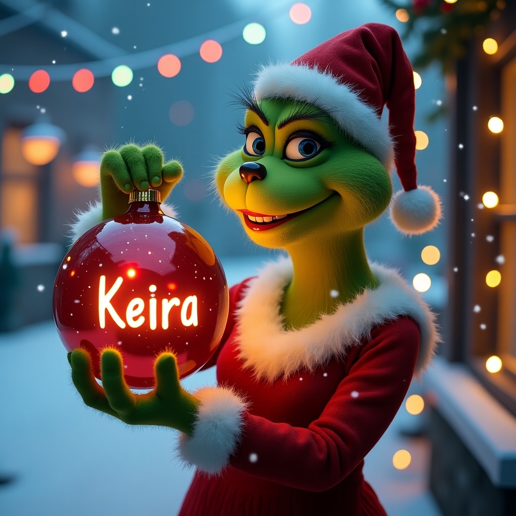 Grinch character holds a Christmas bauble with the name Keira. The setting is snowy with colorful lights in the background.