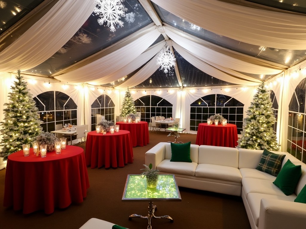 This image captures a beautifully decorated event tent for a festive occasion. The interior features several round tables draped in red tablecloths, each adorned with candles and festive centerpieces. White sofas are arranged to create a comfortable seating area, complemented by green pillows. Elegant Christmas trees are placed around the tent, enhancing the holiday spirit. The clear ceiling allows for a view of snowflakes and twinkling lights, creating a magical atmosphere perfect for celebrations.