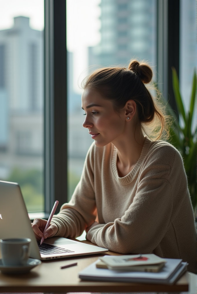 A woman working intently on a laptop in a bright, modern office with a cityscape view.