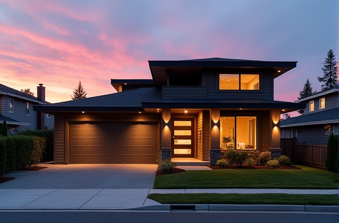 A modern two-story house with illuminated windows sits under a vibrant pink and purple sunset sky.