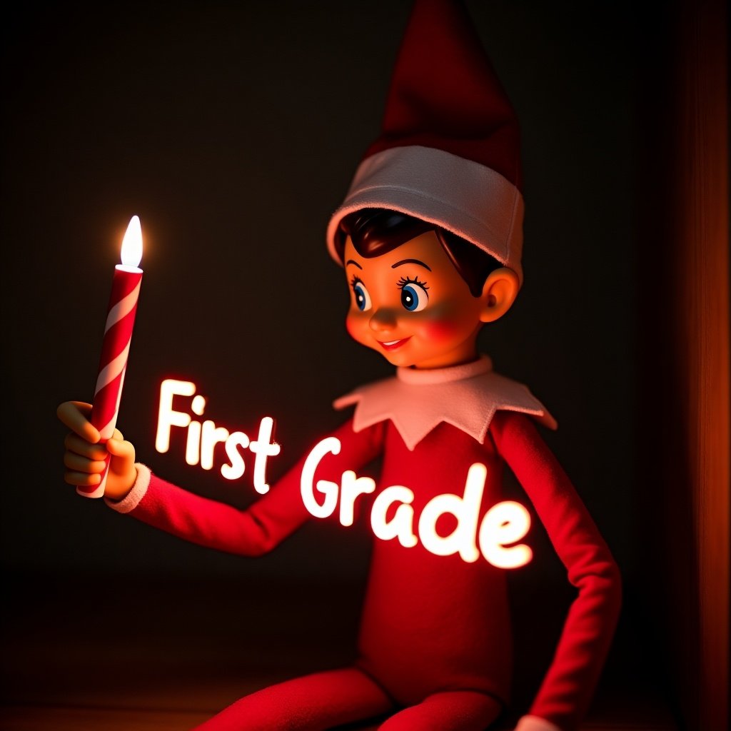 Elf on the Shelf character in red and white. Soft light in dark background. Holding glow stick that forms the text 'First Grade'. Creates festive and magical atmosphere.