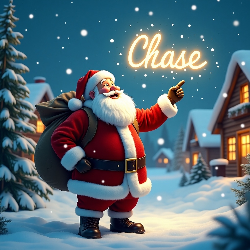 In this enchanting winter scene, Santa Claus, wearing his iconic red suit with a fluffy white beard and a large sack, stands in a snowy village. He points up at the sky, where he magically writes the name 'Chase' with glowing light. Snowflakes gently fall around him, and charming wooden houses with warm lights can be seen in the background, surrounded by evergreen trees. The atmosphere is festive and joyful, perfectly capturing the spirit of Christmas. This image embodies the wonder of the holiday season, evoking feelings of happiness and nostalgia.