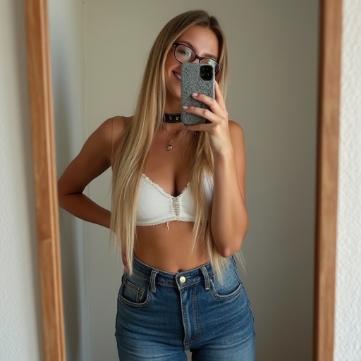 Girl poses in front of a mirror. She wears a white crop top and blue jeans. Straight blonde hair flows down. Model has a choker around her neck. Her hair is long and straight. She holds a phone with one hand. The background is simple and neutral.