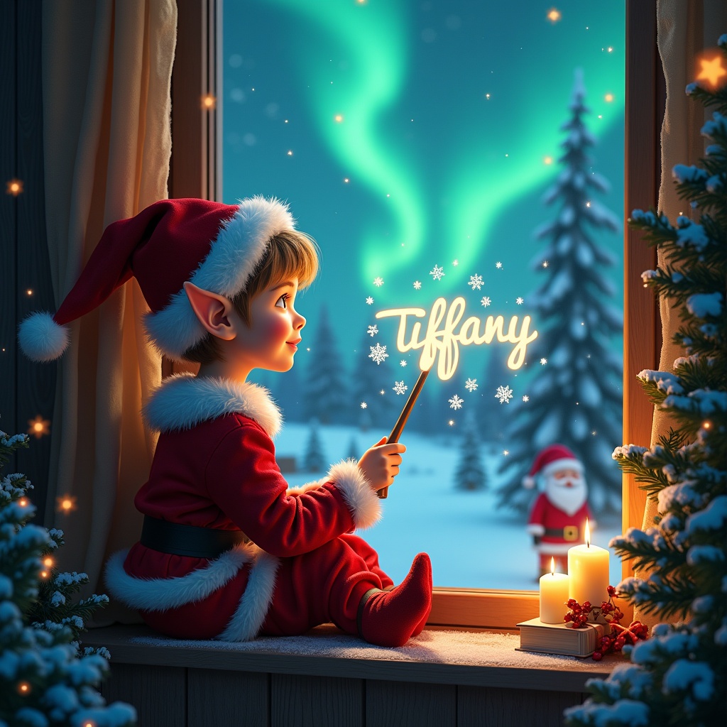 A young elf character sits by a cozy window during Christmas. The elf wears a festive outfit. Outside is a breathtaking display of northern lights. The elf uses a wand to write 'Tiffany' in the sky. Santa Claus is seen in the background. The setting features snow-covered trees and a glowing ambiance.