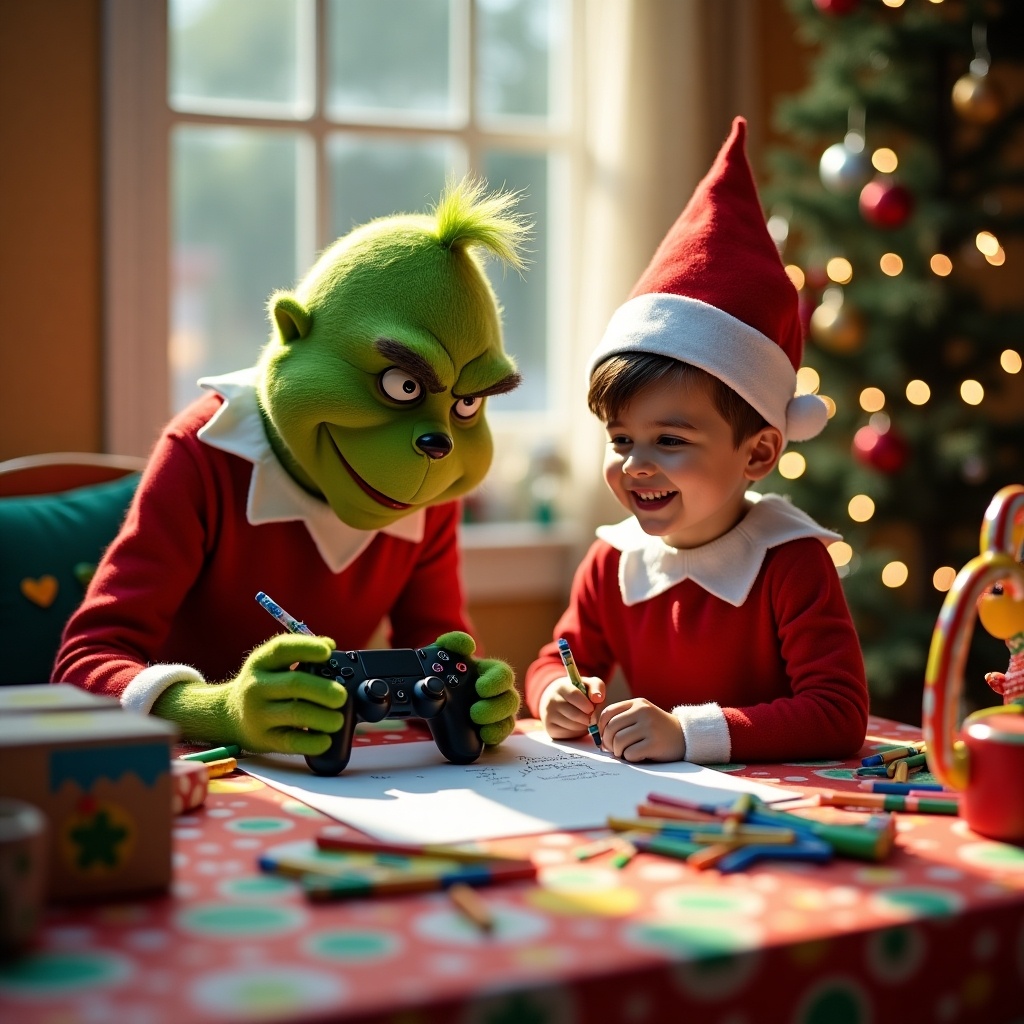 The Grinch and an elf are coloring and playing games together. A festive atmosphere with Christmas elements. They are using crayons and a console controller while having fun. Bright colors enhance the creative mood.