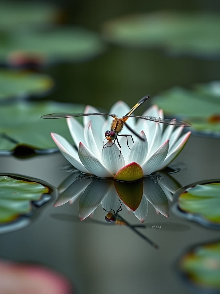 The image captures a serene scene of a dragonfly perched delicately atop a white lotus flower, floating on a still water surface. The reflection of the dragonfly and the flower is perfectly mirrored in the water, creating a symmetrical and tranquil composition. Surrounding lily pads add depth and context, while soft lighting enhances the peaceful ambiance.