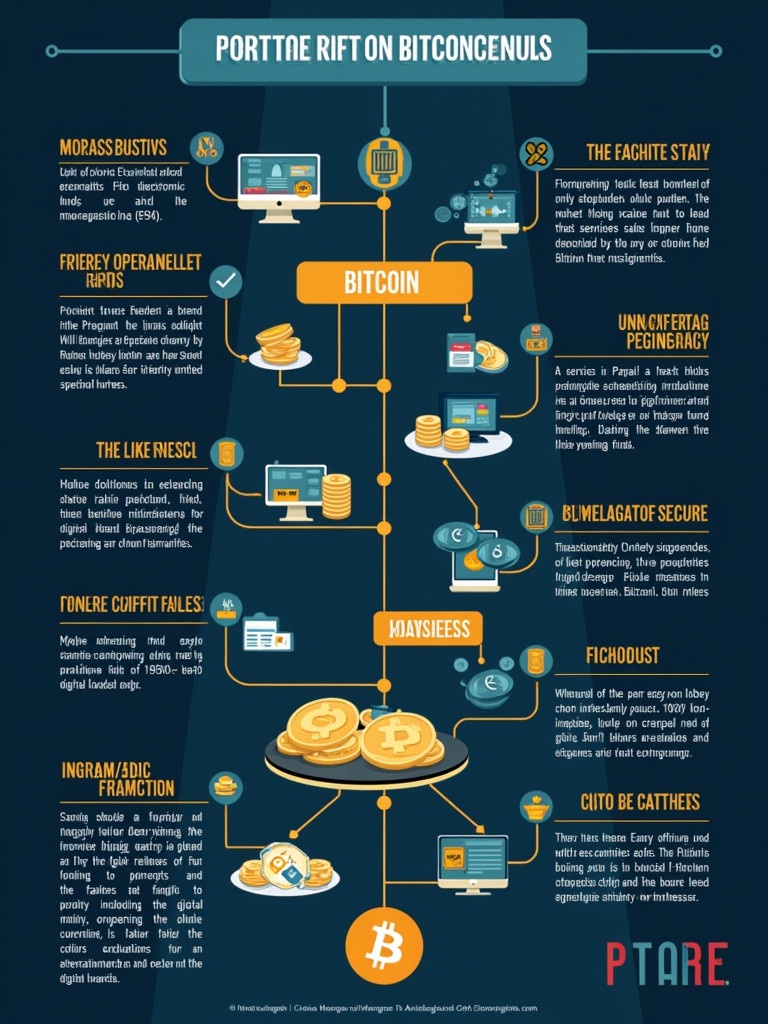 Infographic illustrating the evolution of cryptocurrencies. Key milestones from 1970s Electronic Funds Transfer to Bitcoin. Highlights digital payment innovations that shaped the cryptocurrency landscape. Shows services like PayPal and e-gold. Captures challenges faced by earlier digital currencies. Emphasizes digitizing money principles leading to Bitcoin's creation.