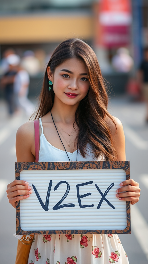 A woman stands outdoors holding a sign with 'V2EX' written on it.