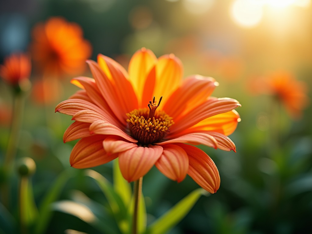 A vibrant close-up of an orange flower, likely a daisy, basking in the glow of the setting sun. The flower is the focal point of the image, with a clear view of its petals and central disc against a softly blurred background featuring additional flowers and lush greenery. The scene is warmly lit, creating a serene and tranquil ambiance.