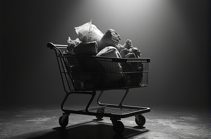 A shopping cart filled with garbage stands under dramatic lighting in a dark room.